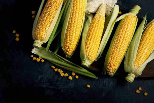 Raw corn or maize on dark background. Harvest food concept. Top view, flat lay, copy space - Foto, imagen
