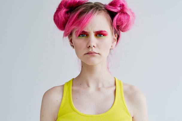 beautiful woman pink hair decoration summer style fashion - Photo, Image