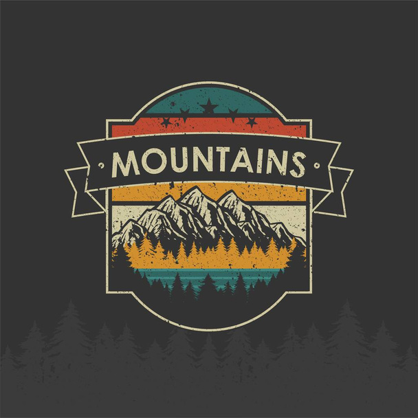 レトロヴィンテージロゴバッジ冒険とステッカー、 Tシャツ、帽子、ポスターデザインのための屋外の山 - ベクター画像