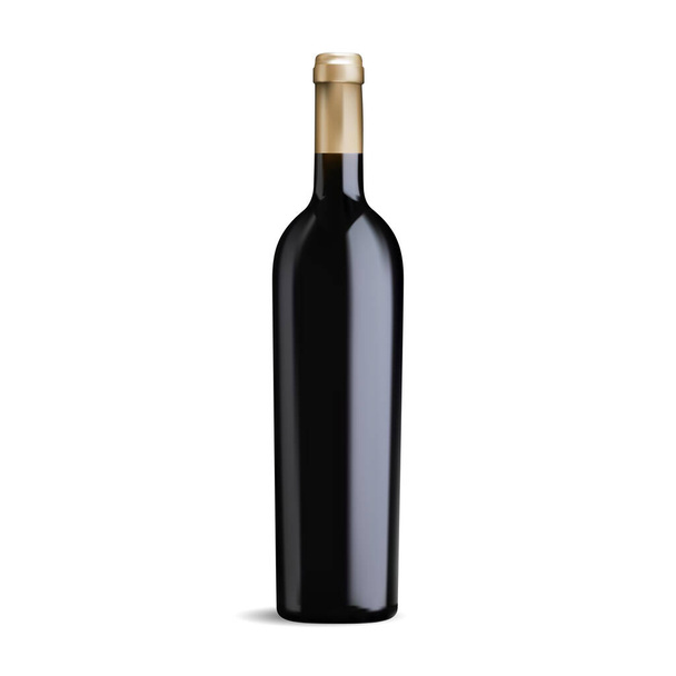ワインボトルベクトルモックアップ。赤ワイン黒ガラスボトル、デザインのためのブノラベル、 3Dイラスト。カベルネまたはメルロドリンク、未開封のワイナリー製品。豪華でエレガントなブルゴーニュワイン - ベクター画像