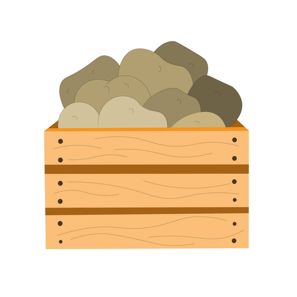 elemento vetorial único é caixa com batatas. pilha de batatas cruas em caixa de madeira para o mercado de legumes, agricultor, isolado em um fundo branco - Vetor, Imagem