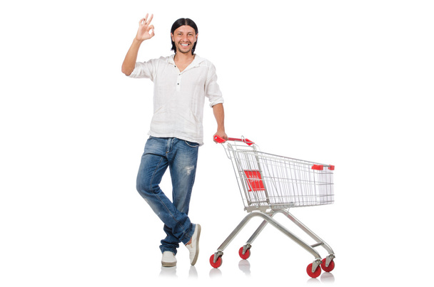 Человек покупки с корзиной супермаркета корзина изолированы на белом - Фото, изображение