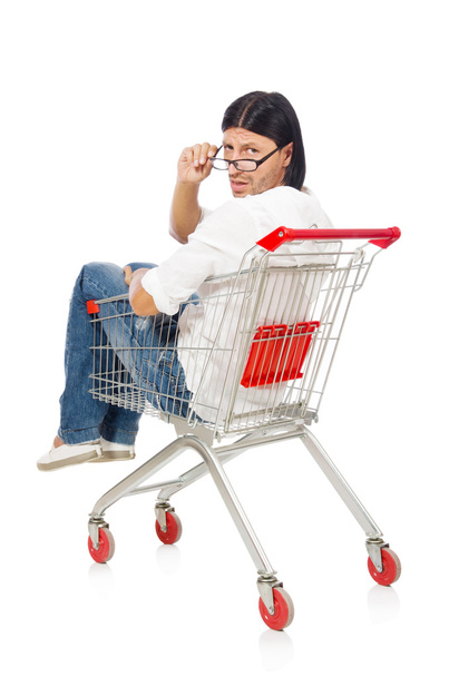 Mies ostoksia supermarket kori ostoskori eristetty valkoinen - Valokuva, kuva
