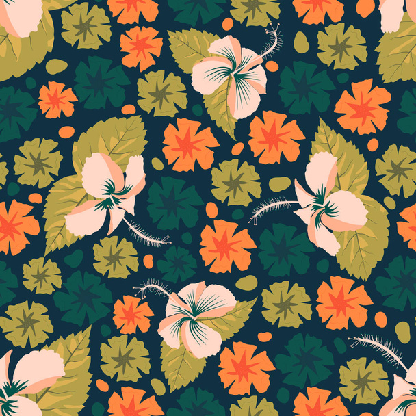 Subtropische hibiscus bloem naadloos oppervlak patroon ontworpen voor elegante decoratie zoals divan, bank, laken, gordijn, deken, gooien kussen etc. - Vector, afbeelding