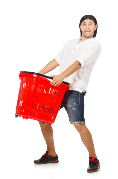 Man shopping with supermarket basket cart isolated on white - Фото, изображение