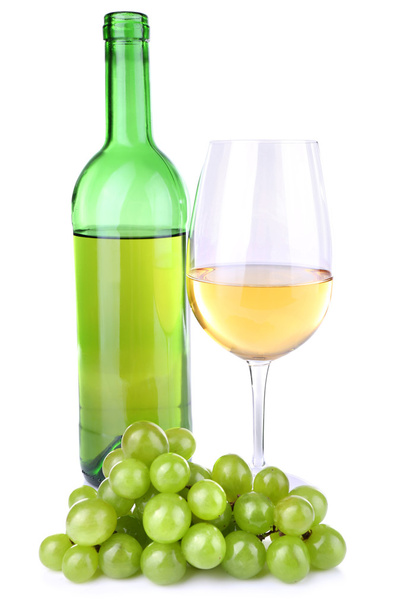 Tasty wine and ripe grape, isolated on white - Photo, image