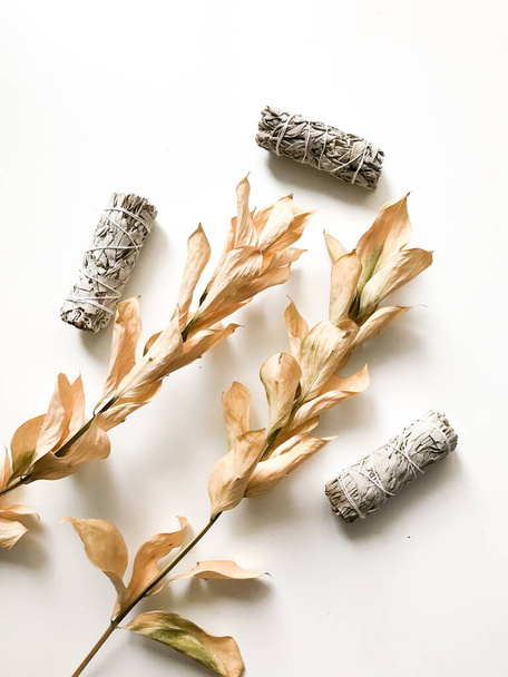 california white sage, beautiful layout and top view, incense and dried flowers on a white background - Фото, зображення