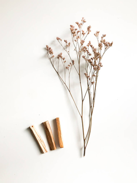 a very beautiful background of wooden palo santo sticks, aromatherapy and the magic of aromas on a white background. Light image blurring, lack of focus, soft texture combinations. - 写真・画像