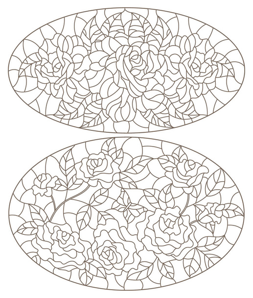 Konturbilder im Glasmalereistil mit abstrakten Rosenblüten, dunklen Umrissen auf weißem Hintergrund, ovale Bilder - Vektor, Bild