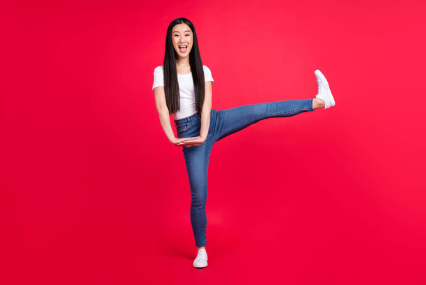 Full size photo of young attractive excited chinese girl happy positive smile have fun playful isolated over red color background - Valokuva, kuva