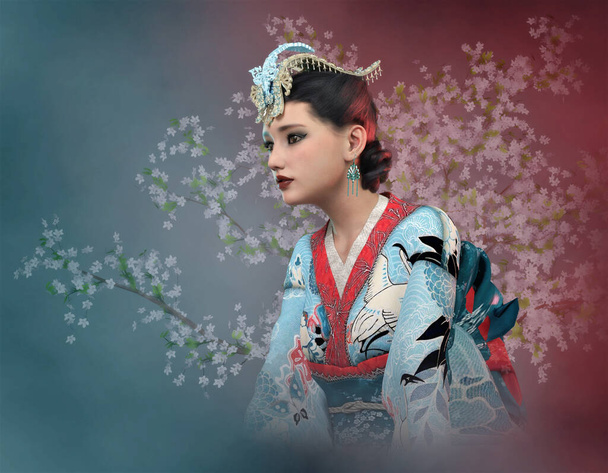 3d tietokone grafiikka tyttö kimono ja kirsikka kukka taustalla - Valokuva, kuva
