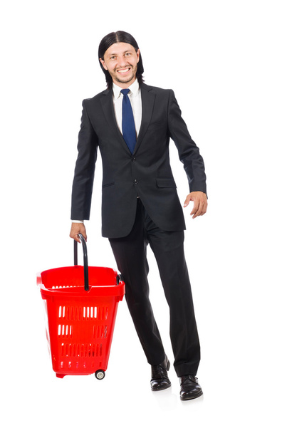 Homem de compras com carrinho de cesta de supermercado isolado em branco - Foto, Imagem