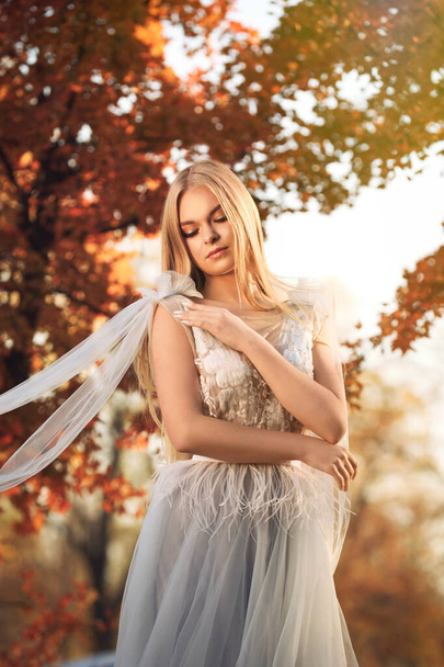 Beautiful girl wearing fairy dress in autumn forest - Valokuva, kuva