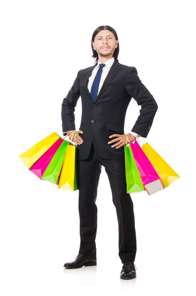 Homem com sacos de compras isolados em branco - Foto, Imagem