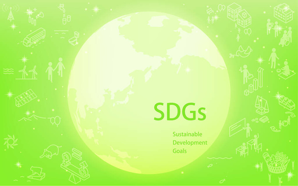 Ekologiczny wizerunek celów zrównoważonego rozwoju, świecąca ziemia z tekstami i ikonami celów zrównoważonego rozwoju, błyszczące zielone tło z migoczącymi gwiazdami - Wektor, obraz