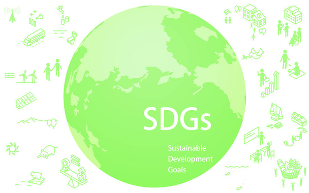 Kestävän kehityksen tavoitteet, vihreä maa, jossa on kestävän kehityksen tavoitteet teksti ja tavoitekuvakkeet - Vektori, kuva