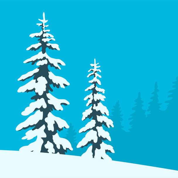 Winter snowy forest. Ate in the snow. Background with blue sky. Vector cartoon illustration - Vector, Image