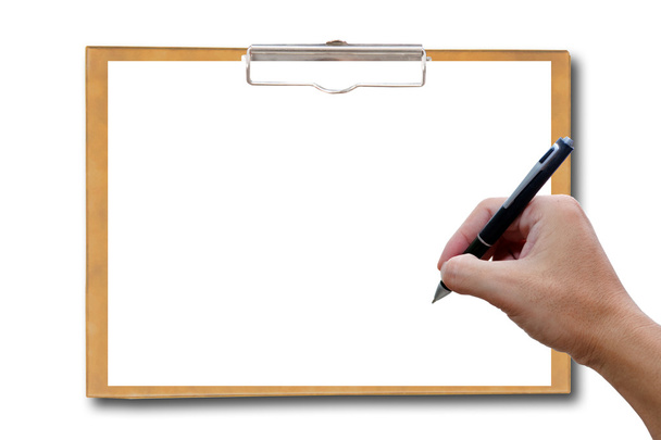 Klembord met hand en pen. - Foto, afbeelding
