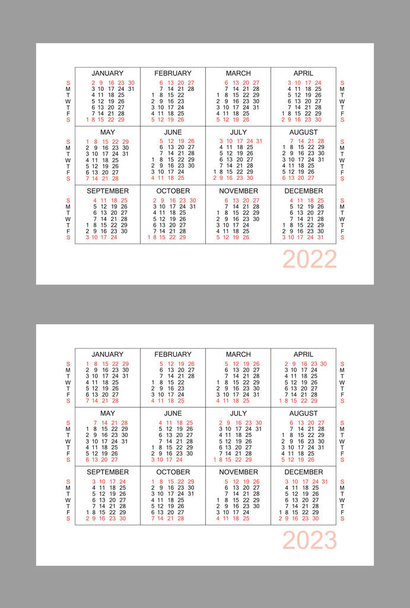 Οριζόντια ημερολόγιο για 2 χρόνια - 2022, 2023. Απλό πλέγμα ημερολόγιο απομονώνονται σε λευκό φόντο, Κυριακή έως Δευτέρα, επιχειρηματικό πρότυπο. Ετήσιο ημερολόγιο έτοιμο για εκτύπωση. Εικονογράφηση διανύσματος. - Διάνυσμα, εικόνα