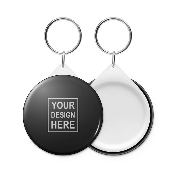 Vector 3d Realistic Blank Black Round Keychain with Ring and Chain for Key Isolated. Button Badge with Ring. Plastic, Metal ID Badge with Chains Key Holder, Design Template, Mockup - Vector, Imagen