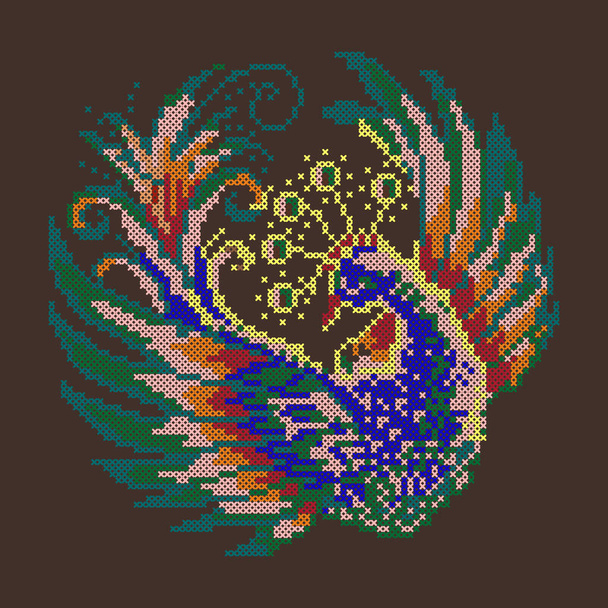 Embroidered peacock, cross stitch pattern of beautiful bird, vector illustration - Διάνυσμα, εικόνα