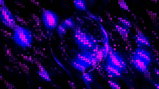 3D brillante bola disco contra fondo negro. Moción. Rayas diagonales de baile púrpura y negra, interior abstracto de un club nocturno. - Foto, imagen