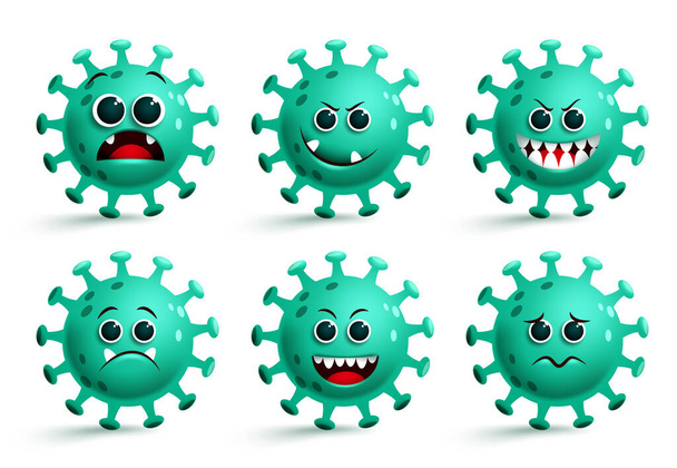 Covid19 koronavírus emotikon vektor készlet. Coronavirus covid-19 smiley ikon és emoji szomorú és ijesztő arckifejezésekkel elszigetelt fehér háttérrel. Vektorillusztráció.  - Vektor, kép