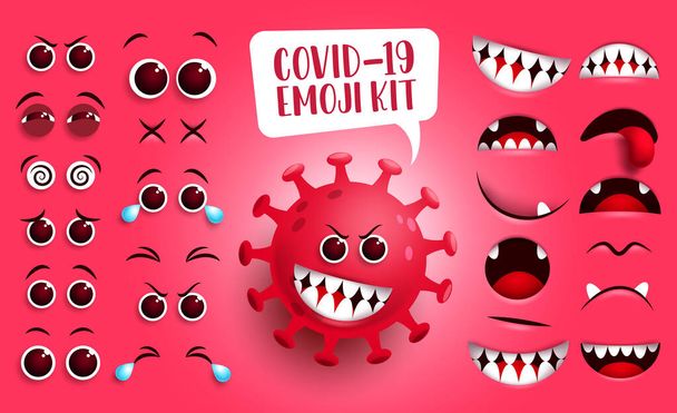 Coronavirus emoji kit vector set. Covid19 corona virus emoticon and icon editable eyes and mouth with naughty facial expression isolated in green background. Vector illustration.  - Vector, Image