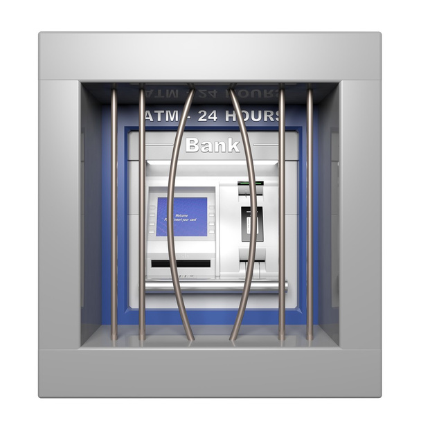 Geldautomat mit offenen Gittern isoliert auf weiß - Foto, Bild
