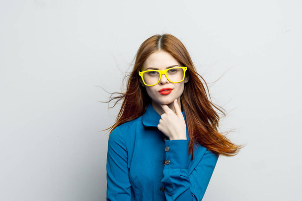 woman wearing yellow glasses red lips home fashion elegant style - Photo, Image