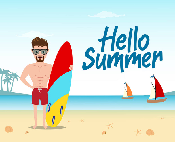Hello nyári vektor koncepció design. Hello nyári szöveg férfi karakter álló, miközben szörfdeszka és élvezi nyaralás tengerparti háttér. Vektorillusztráció.  - Vektor, kép
