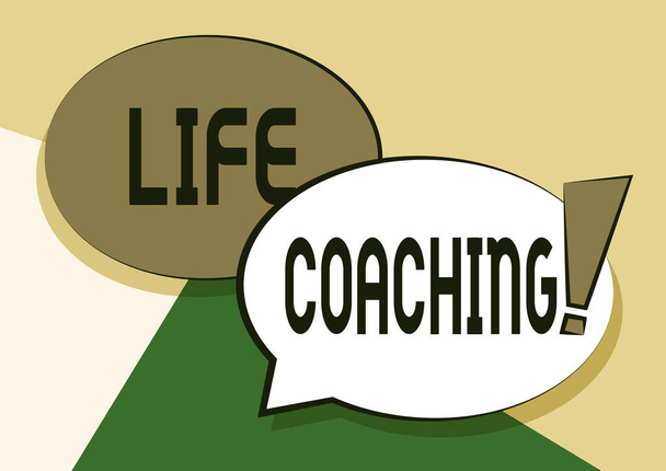 Konzeptionelles Life Coaching. Business-Vorzeigeperson beschäftigt, um zu zeigen, ihre Ziele in Karriere Zwei bunte überlappende Sprechblasenzeichnung mit Ausrufezeichen. - Foto, Bild