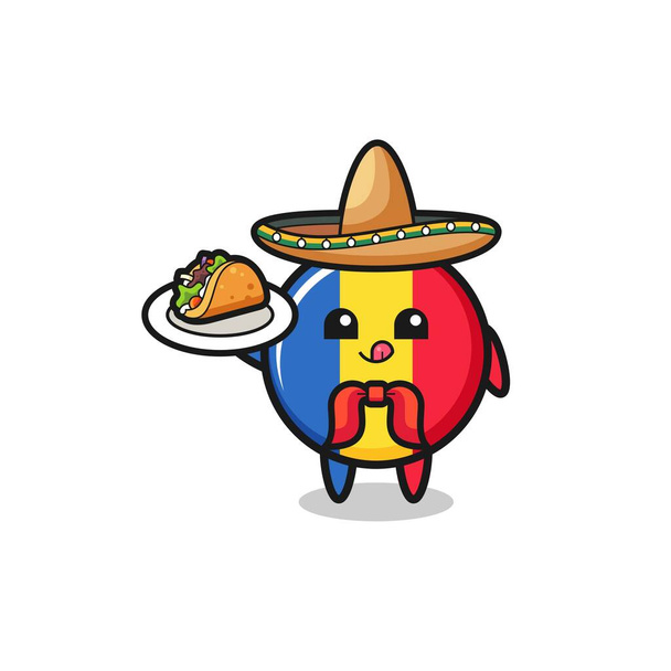 romania vlajka mexický kuchař maskot drží taco, roztomilý design - Vektor, obrázek