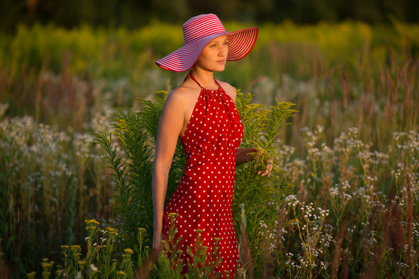 日没で野生の花の間で帽子のエレガントな女性 - 写真・画像