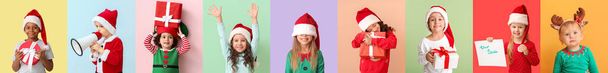 Aranyos kis gyerekek visel karácsonyi jelmezek a színes háttér - Fotó, kép