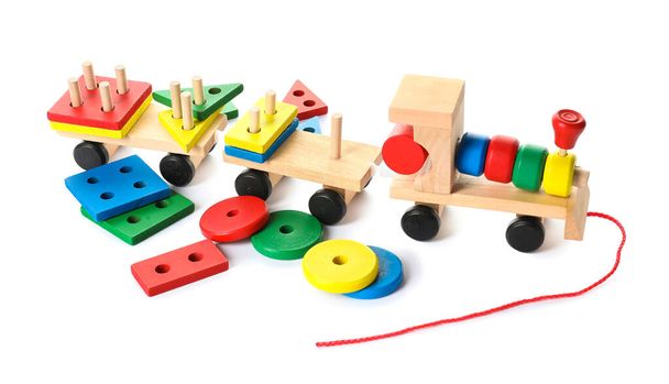 Toy train with building blocks on white background - Photo, Image