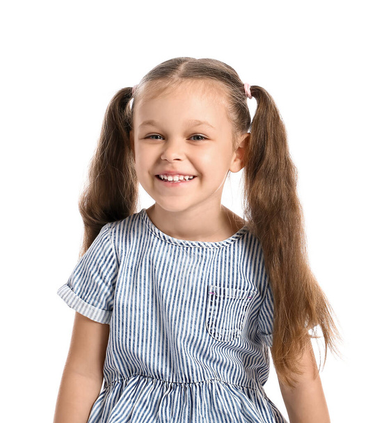 Portrait of pretty happy little girl on white background - Foto, Imagen