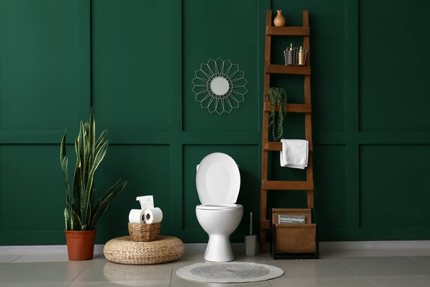 Interior of restroom with toilet bowl, ladder and green wall - Photo, Image