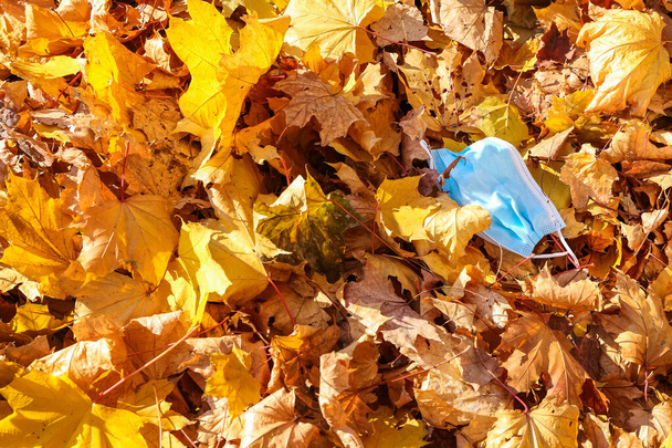 Gebrauchte medizinische Maske auf Herbstblättern im Park - Foto, Bild
