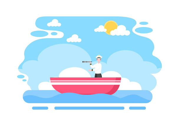Rajzfilm Vitorlás Csónak Tengeri vagy Lake View Háttér Vektor Illusztráció. Nyári időszámítás szabadidő, sport tevékenység és kikapcsolódás szabadtéri életmód - Vektor, kép