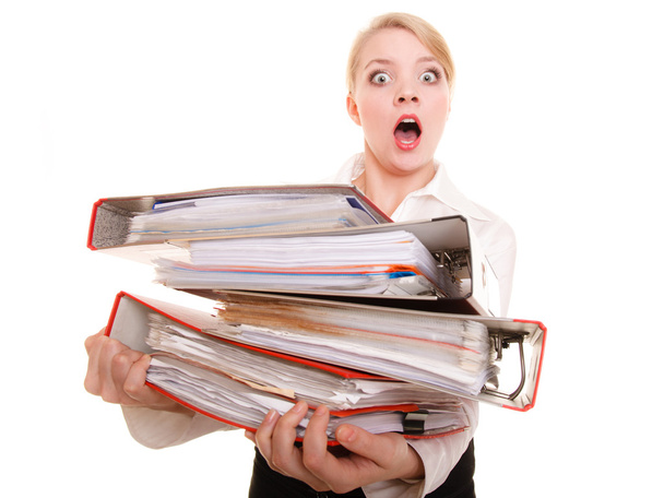 Business woman holding stack of folders documents - Valokuva, kuva