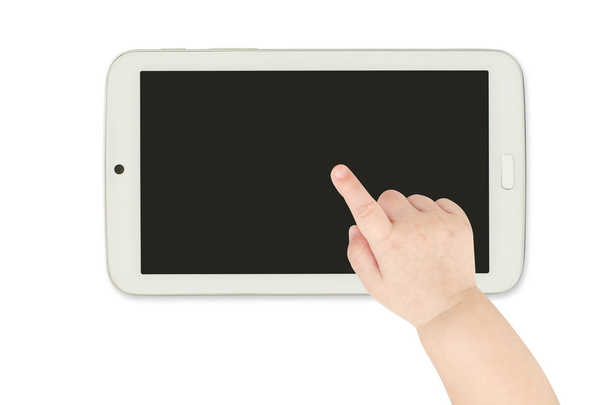 dziecko ręką wskazując komputer tablet biały - Zdjęcie, obraz