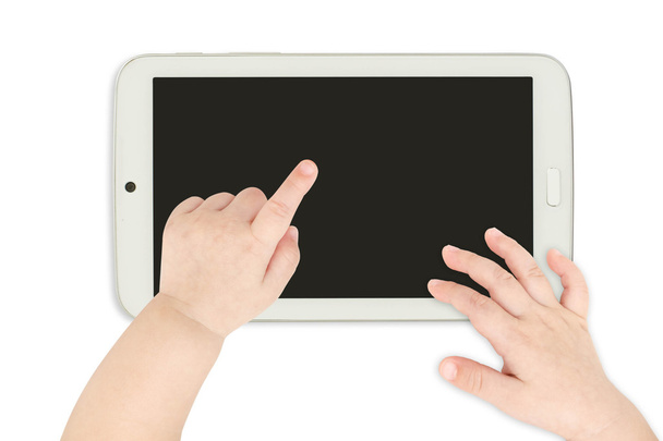 dziecko ręką wskazując komputer tablet biały - Zdjęcie, obraz