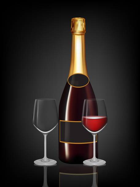 κόκκινο μπουκάλι σαμπάνιας και δύο ποτήρι σαμπάνιας σε μαύρο - Διάνυσμα, εικόνα