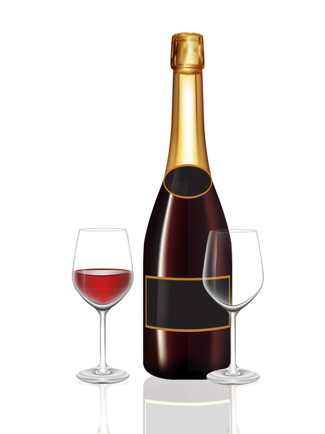 Красная бутылка шампанского и два бокала шампанского на белом
 - Вектор,изображение