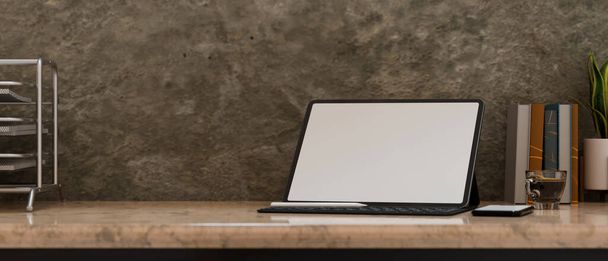 Moderno espaço de trabalho elegante vintage, tablet mockup tela em branco e material de escritório na mesa de mármore sobre grunge cimento fundo parede do sótão. renderização 3d, ilustração 3d - Foto, Imagem