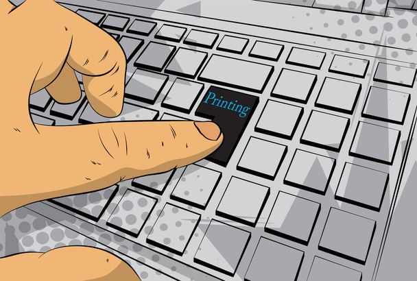 Printing word on computer keyboard. Man push keypad on laptop. Comic book style concept. Print on printer business concept. - Vector, Image