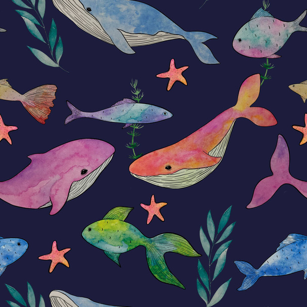 seamless watercolor pattern marine theme dolphins whales algae starfish blue pink green orange childrens graphics - Foto, afbeelding