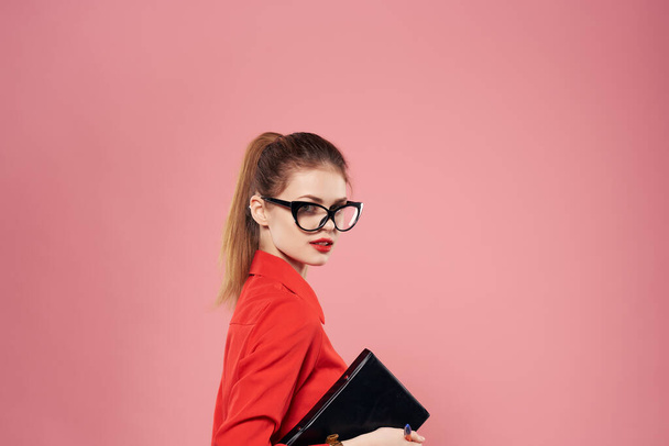 woman secretary with glasses holding documents  - Фото, зображення