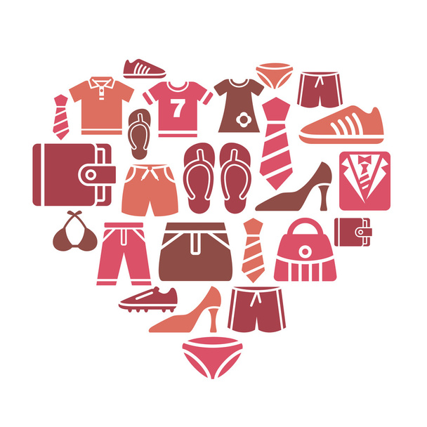 ρούχα και αξεσουάρ εικονίδια σε σχήμα καρδιάς - Διάνυσμα, εικόνα